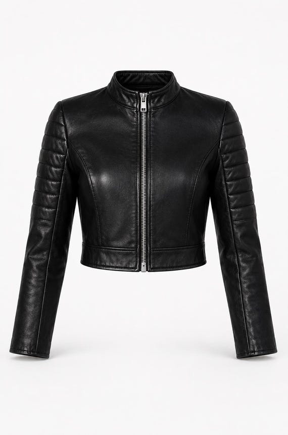 women's Black Cropped Leather Jacket – Quilted Sleeve Moto Biker Style Coat