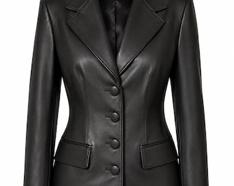 Women's Black Genuine Leather Blazer Jacket | Tailored Slim Fit Button Front Coat