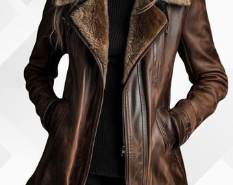 Brown Real Leather Jacket with Faux Fur Collar, Vintage Style Winter Coat