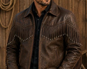 Chaqueta de cuero marrón desgastado con flecos para hombre / Abrigo de moto estilo vaquero del oeste