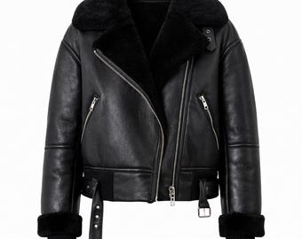 Chaqueta de aviador de piel de oveja negra para mujer: abrigo motero de piel auténtica
