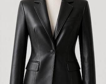 Women's Black Leather Blazer, Fitted Office Jacket, Asymmetric Wrap Style
