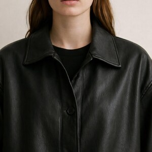 Women's Black Leather Shacket: Genuine Leather Shirt Jacket image 2