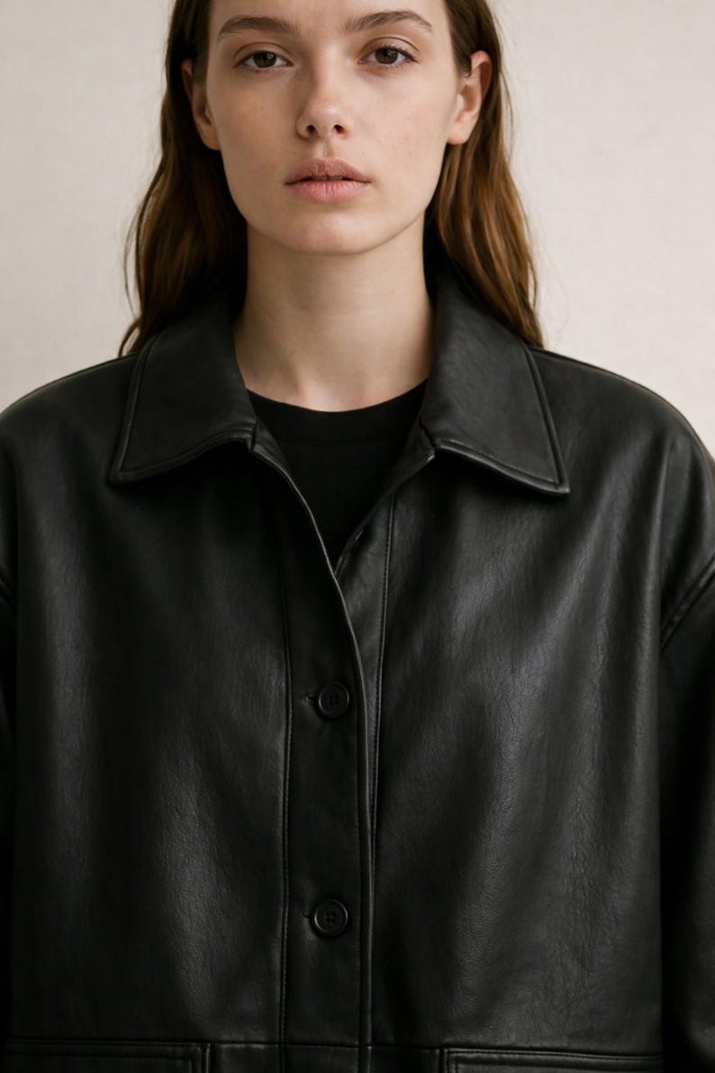 Women's Black Leather Shacket: Genuine Leather Shirt Jacket image 2