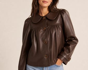 Chocolate Brown Leather Jacket, Peter Pan Collar, Vintage Style Blazer, Handmade Outerwear