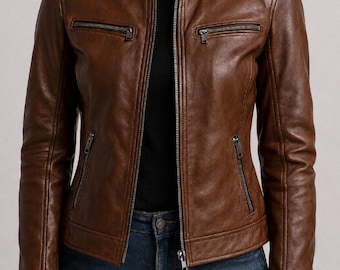 Chaqueta de piel de cordero marrón para mujer, estilo motero, corte entallado