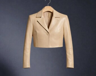 Blazer de cuero beige corto - Chaqueta de sastre para mujer