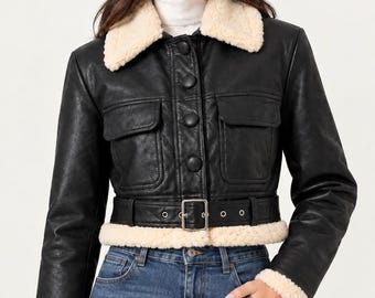 Women's Black Leather Jacket – Cropped Shearling Collar, Belted Utility Coat