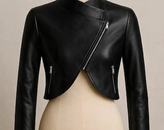 Black Genuine Leather Women's Cropped Moto Jacket – Asymmetrical Zip Biker Style
