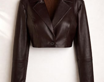 Women’s Cropped Brown Leather Jacket Tailored Short Blazer Style  Minimalist Chic Fall Outfit