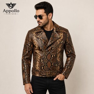 Men's Brown Snake Print Leather Biker Jacket, Genuine Cowhide, Rugged Style