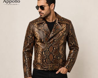 Men's Brown Snake Print Leather Biker Jacket, Genuine Cowhide, Rugged Style