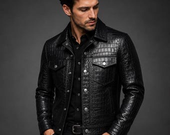 Men's Black Croc Embossed Leather Trucker Jacket | Handmade Biker Fashion