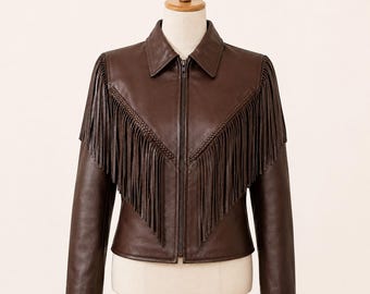 Chaqueta de cuero marrón con flecos / Estilo bohemio occidental, abrigo auténtico hecho a mano