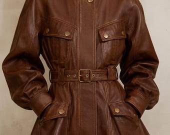 Abrigo de cuero genuino marrón con cinturón / Chaqueta de cuello alto de inspiración vintage