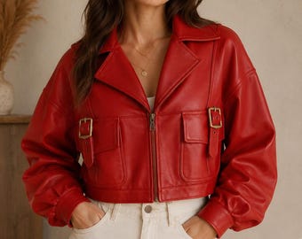 Red Cropped Leather Bomber Jacket | Oversized Streetwear Fashion Coat