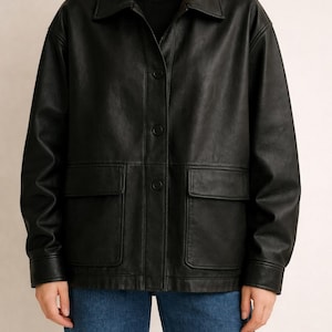Women's Black Leather Shacket: Genuine Leather Shirt Jacket image 1