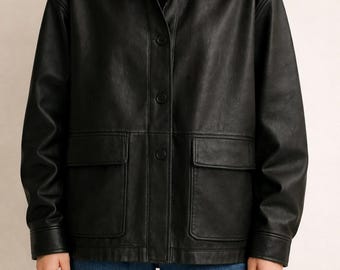 Chaqueta de cuero negra para mujer: Chaqueta estilo camisa de cuero genuino
