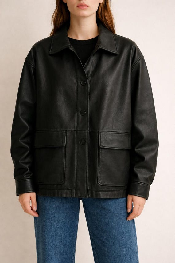 Women's Black Leather Shacket: Genuine Leather Shirt Jacket