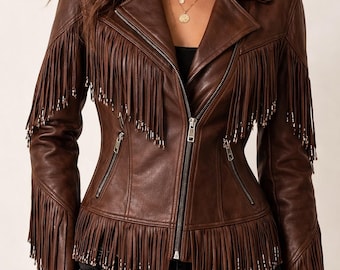 Chaqueta marrón de piel auténtica con flecos: abrigo estilo motero bohemio estilo western
