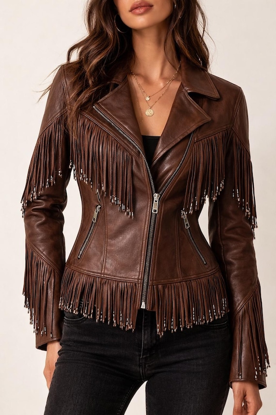 Brown Genuine Leather Fringe Jacket – Western Boho Biker Style Coat