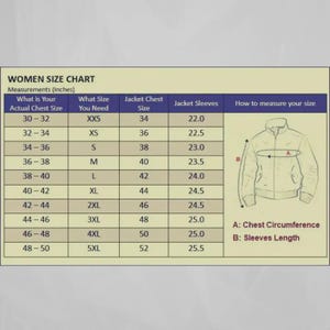 K&ouml;nnte beinhalten: Eine Gr&ouml;&szlig;entabelle f&uuml;r Damen in Beige und Marineblau. Die Tabelle enth&auml;lt Ma&szlig;e in Zoll f&uuml;r Brustumfang und Jacken&auml;rmel mit entsprechenden Gr&ouml;&szlig;en von XXS bis 5XL. Ein Diagramm veranschaulicht, wie man Brustumfang und &Auml;rmell&auml;nge misst.