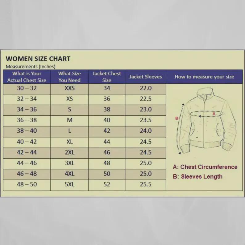 K&ouml;nnte beinhalten: Eine Gr&ouml;&szlig;entabelle f&uuml;r Damen in Beige und Marineblau. Die Tabelle enth&auml;lt Ma&szlig;e in Zoll f&uuml;r Brustumfang und Jacken&auml;rmel mit entsprechenden Gr&ouml;&szlig;en von XXS bis 5XL. Ein Diagramm veranschaulicht, wie man Brustumfang und &Auml;rmell&auml;nge misst.