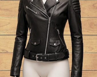 Chaqueta de cuero negra estilo motero para mujer: estilo clásico de motociclista.