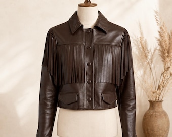 Brown Leather Fringe Jacket | Cropped Western Cowgirl Style Outerwear