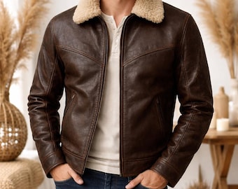 Men's Brown Genuine Leather Aviator Jacket with Shearling Collar – Winter Bomber Coat