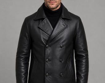 Abrigo cruzado de cuero negro para hombre – Abrigo de invierno de corte entallado