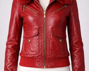 Chaqueta bomber de cuero rojo con cuello de piel - Abrigo de aviador para mujer
