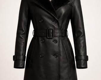 Gabardina de cuero negra: abrigo de invierno para mujer con cinturón y cuello de piel
