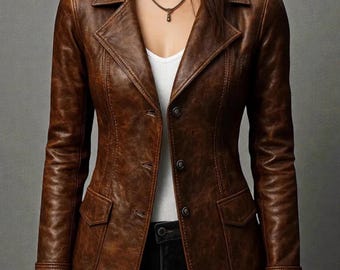 Women's Brown Leather Blazer: Slim Fit, Button-Front Coat