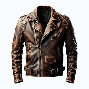 Puede incluir: Chaqueta de cuero marrón con un estilo motero clásico. Cuenta con cuello con solapas, cierre de cremallera asimétrico, múltiples bolsillos con cremallera y cinturón en la cintura. La chaqueta tiene un acabado envejecido, dándole un aspecto vintage.