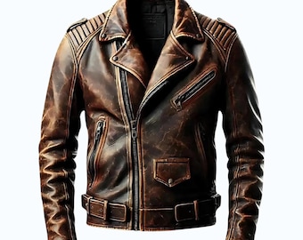 Men's Distressed Brown Leather Biker Jacket – Vintage Moto Style