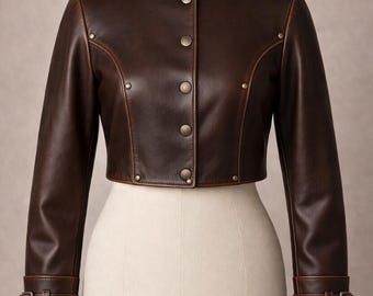 Cropped Brown Leather Moto Jacket: Vintage Style, High Collar
