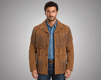 Men's Suede Leather Fringe Jacket – Western Cowboy Style Coat – Handmade Brown Ranch Wear