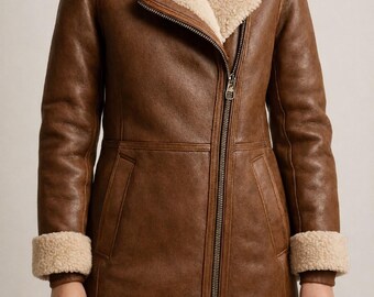 Abrigo de piel de oveja marrón para mujer, chaqueta de invierno de piel auténtica con cuello de piel