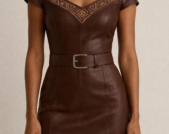Minivestido marrón de piel auténtica: escote adornado y silueta ajustada con cinturón.