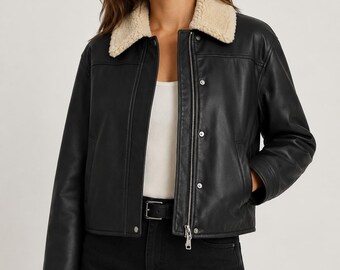 Black Cropped Leather Jacket with Cream Shearling Collar | Genuine Bomber Coat