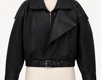 Chaqueta de motorista de cuero auténtico negro – Solapa ancha, cintura con cinturón, estilo motociclista