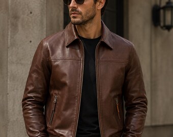 Chaqueta bomber de cuero genuino marrón para hombre / Abrigo clásico vintage con cremallera, hecho a mano