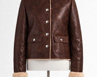 Chaqueta de cuero marrón para mujer, ribete de piel de oveja y botones en la parte delantera.