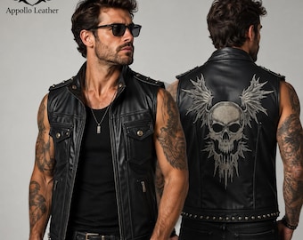 Men's Black Leather Biker Vest, Skull Wing Design, Studded Motorcycle Vest