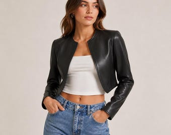 Black Cropped Leather Jacket – Minimalist Bolero Style Women's Outerwear