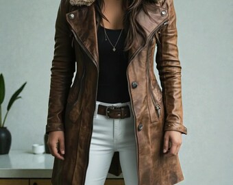 Vintage Brown Cowhide Leather Trench Coat - Shearling Collar, Handmade