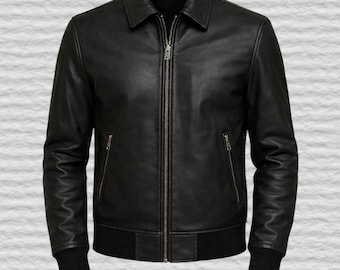 Men's Black Genuine Leather Bomber Jacket: Classic Zip-Front Outerwear