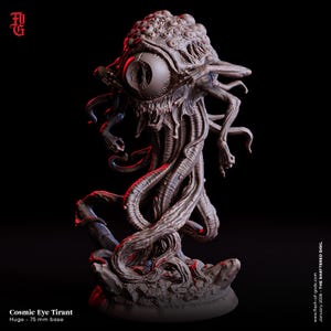 Peut inclure: Figurine détaillée, grise, du Cosmic Eye Tirant, avec une base de 75 mm. La créature a un grand œil central, plusieurs petits yeux et un corps complexe avec des tentacules. Le texte "Cosmic Eye Tirant" est visible.