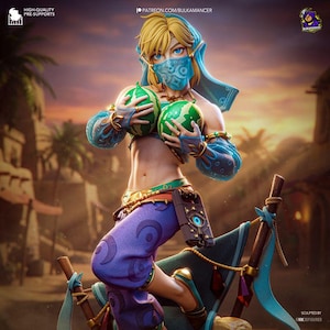 Op de afbeelding: Een gestileerd beeldje van een blond personage met een blauwe hoofddoek, een blauw gezichtsmasker met witte patronen en een paarse broek met patronen. Het personage houdt twee groene watermeloenen tegen de borst en draagt blauwe armbeschermers.